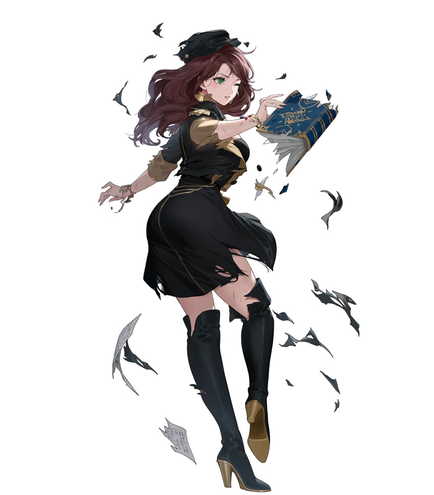 1girl ass black_hat black_thighhighs book boots bracelet breasts brown_hair dorothea_arnault earrings female_focus fire_emblem fire_emblem:_three_houses fire_emblem_heroes full_body garreg_mach_monastery_uniform green_eyes hat high_heel_boots high_heels highres holding holding_book jewelry large_breasts long_hair nintendo non-web_source official_art one_eye_closed skirt solo thigh_boots thighhighs torn_clothes torn_hat torn_thighhighs wince