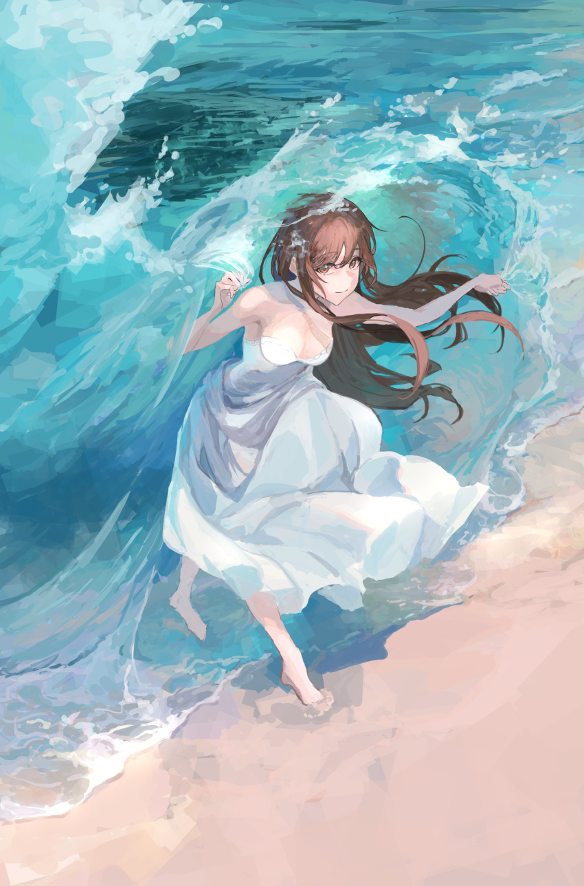 1girl absurdres barefoot beach breasts brown_eyes brown_hair cleavage closed_mouth dress highres hydrokinesis kasumi_yuzuha long_hair medium_breasts ocean original sand smile solo standing strapless strapless_dress water waves wedding_dress white_dress