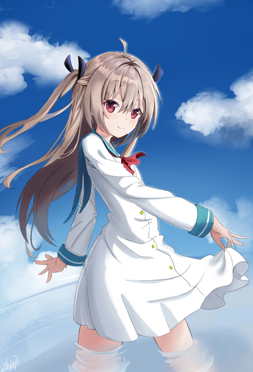 1girl ahoge ascot atri atri-my_dear_moments- black_ribbon blue_sailor_collar blue_sky blush chinese_commentary closed_mouth commentary_request cowboy_shot day dress floating_hair hair_between_eyes hair_intakes hair_ribbon highres light_brown_hair long_hair long_sleeves looking_at_viewer outdoors red_ascot red_eyes ribbon ripples sailor_collar sailor_dress short_dress signature skirt_hold sky smile solo split_mouth straight_hair two_side_up wading water white_dress wrnmsb