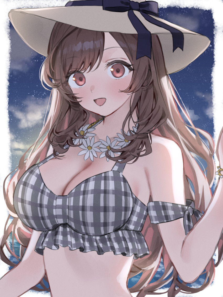 1girl bikini blush breasts brown_hair cleavage flower flower_necklace grey_bikini hat hat_ribbon highres idolmaster idolmaster_shiny_colors jewelry large_breasts long_hair necklace plaid_bikini plaid_clothes ribbon smile solo swimsuit tsukioka_kogane upper_body very_long_hair white_hat yumeme_818