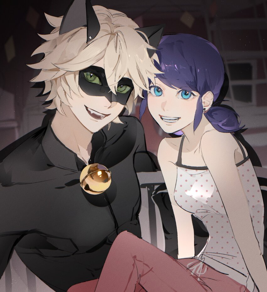 1boy 1girl absurdres adrien_agreste animal_ears bell black_bodysuit black_mask blonde_hair blue_eyes blue_hair bodysuit cat_boy cat_ears chat_noir ddun_ddara earrings green_eyes highres jewelry jingle_bell looking_at_viewer marinette_dupain-cheng miraculous_ladybug open_mouth pants pink_pants polka_dot shirt short_hair short_twintails slit_pupils smile superhero_costume twintails white_shirt