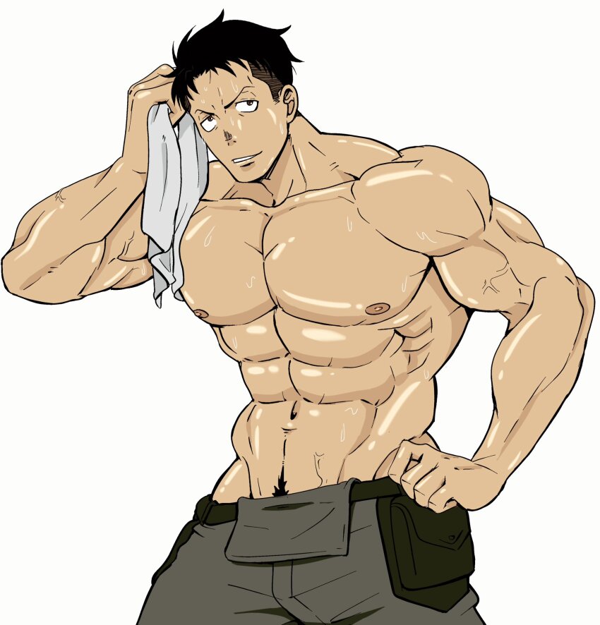 1boy abs akitaru_oubi bara black_hair en&#039;en_no_shouboutai highres holding large_pectorals male_focus muscular muscular_male navel navel_hair nipples pectorals rocckart short_hair solo sweat topless_male undercut veins veiny_arms white_background