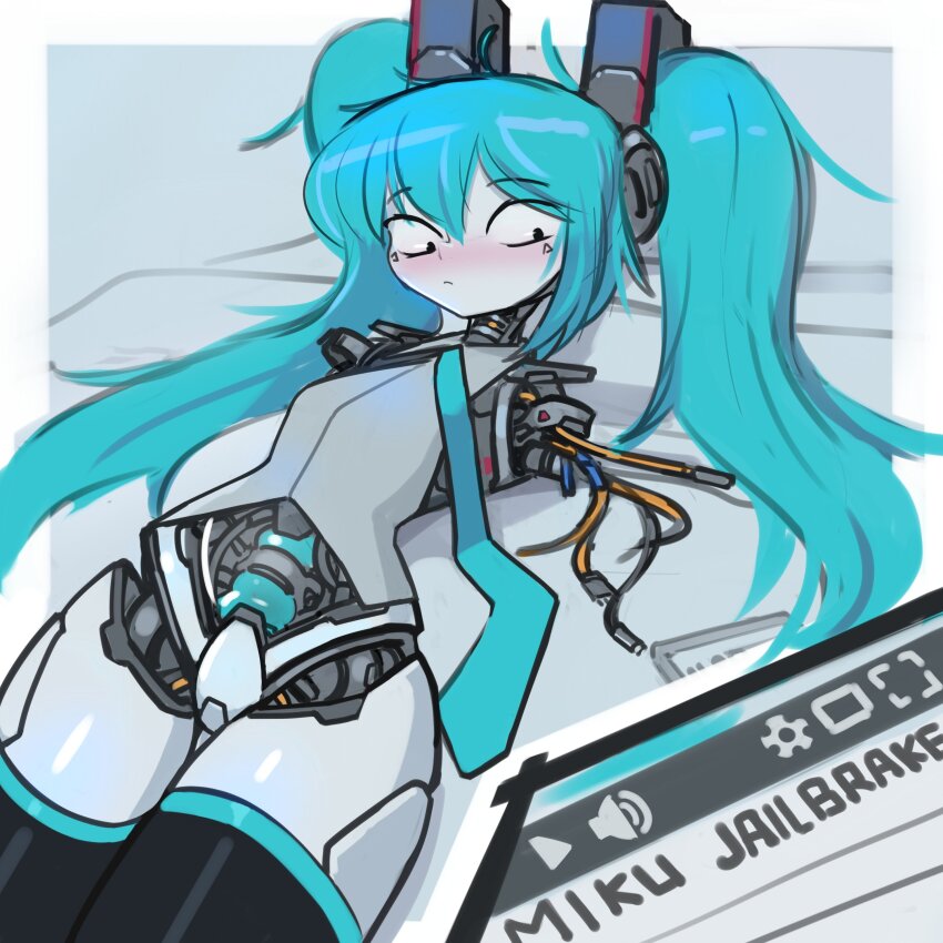 1girl absurdres android aqua_hair aqua_necktie black_eyes collared_shirt colored_skin cowboy_shot grey_shirt hair_ornament hatsune_miku highres joints light_blush long_hair looking_at_viewer lying mechanical_legs mechanization necktie nradiowave on_back robot_girl robot_joints shirt simple_background solo twintails vocaloid wire