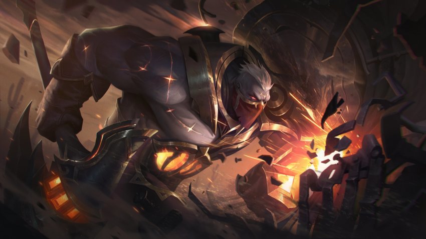 1boy absurdres armor axe brown_gloves cactus colored_skin from_side gloves glowing grey_hair grey_skin high_noon_sion highres holding holding_axe holding_shield holding_weapon league_of_legends mask mouth_mask muscular muscular_male official_art outdoors red_eyes red_mask scar second-party_source shield short_hair sion sion_(league_of_legends) solo weapon