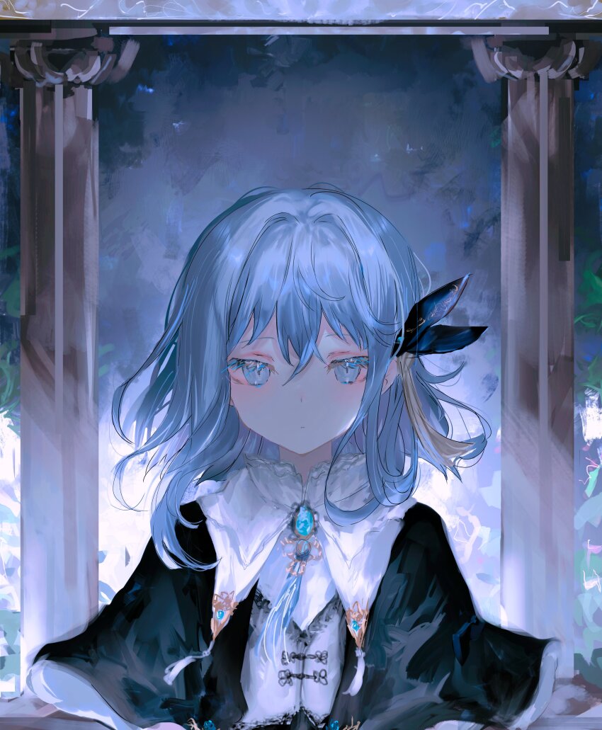 1girl absurdres black_background black_capelet black_dress black_ribbon blue_eyes blue_gemstone blue_hair brooch capelet ciel_(kamitsubaki_studio) collared_dress dress gem grey_dress hair_between_eyes hair_ornament hair_ribbon hashtag-only_commentary highres jewelry kamitsubaki_studio medium_hair mnemo neck_tassel pillar plant ribbon solo straight-on tassel tassel_hair_ornament two-tone_dress underlighting upper_body virtual_youtuber