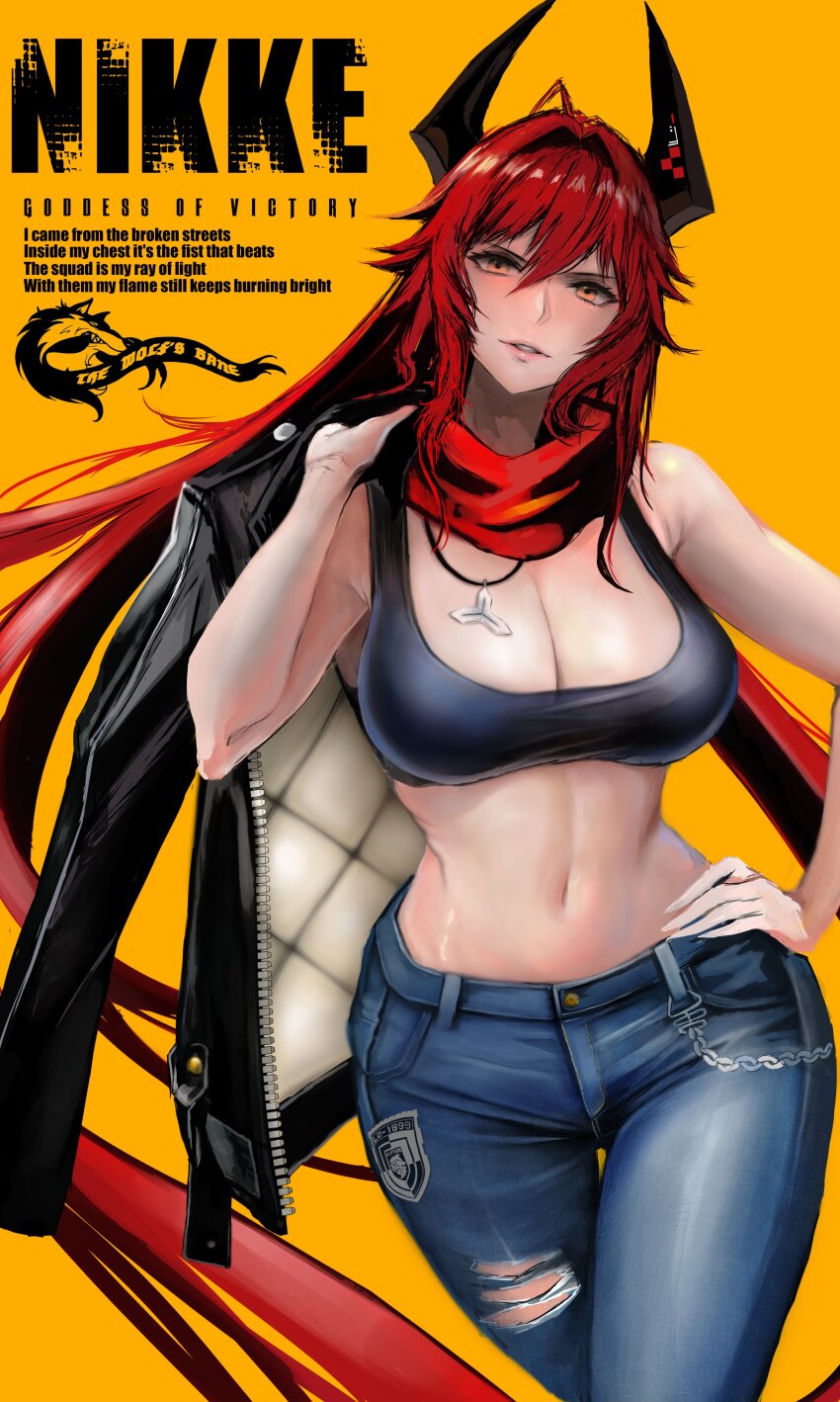 1girl absurdres bare_arms bare_shoulders black_jacket black_tank_top breasts chain cleavage cropped_shirt denim english_text goddess_of_victory:_nikke hair_between_eyes hand_on_own_hip highres horns jacket jacket_on_shoulders jeans kyel_hyde large_breasts lips long_hair lyrics mechanical_horns navel necktie orange_background pants parted_lips red_hair red_hood_(nikke) red_scarf scarf sidelocks solo stomach tank_top torn_clothes torn_jeans torn_pants wolf yellow_eyes