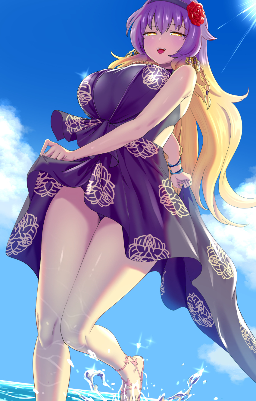 1girl bare_arms blonde_hair braid breasts cloud cloudy_sky contrapposto dress dutch_angle floral_print flower foot_out_of_frame gradient_hair hair_flower hair_ornament headband highres hijiri_byakuren hijiri_byakuren_(yao_bikuni_unleashed) large_breasts legs long_hair multicolored_hair nekobatake outdoors purple_hair red_flower sandals single_braid sky smile swimsuit thighs touhou touhou_lostword very_long_hair yellow_eyes