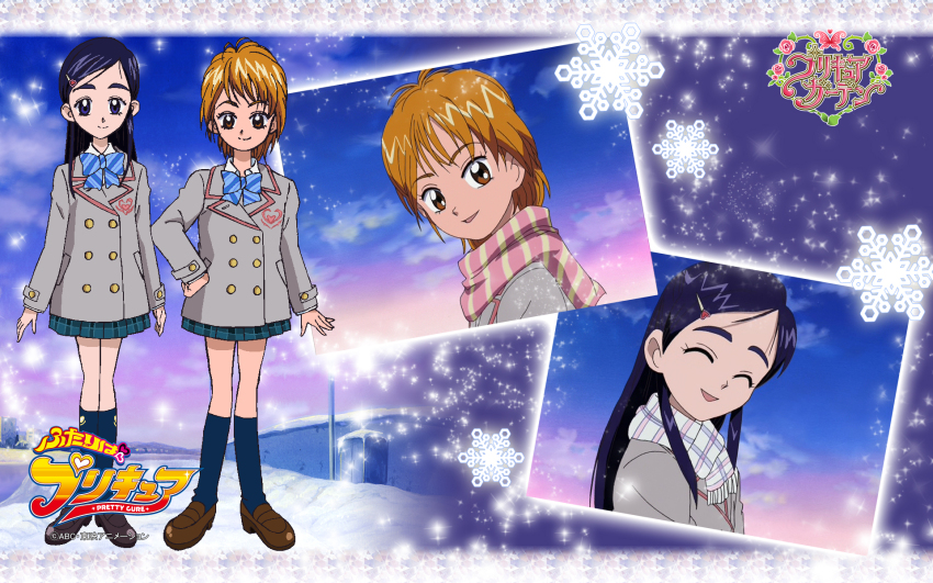 10s 2girls anime_screenshot black_hair blue_eyes blue_ribbon blue_skirt blue_socks boots christmas eyebrows female_focus frozen futari_wa_precure futari_wa_pretty_cure grey_jacket highres jacket japanese_text logo long_hair long_sleeves merry_christmas misumi_nagisa multiple_girls official_art picture_frame pink_scarf precure ribbon scarf school_uniform shoes short_socks skirt sky snow snowing socks toei_animation white_scarf yukishiro_honoka