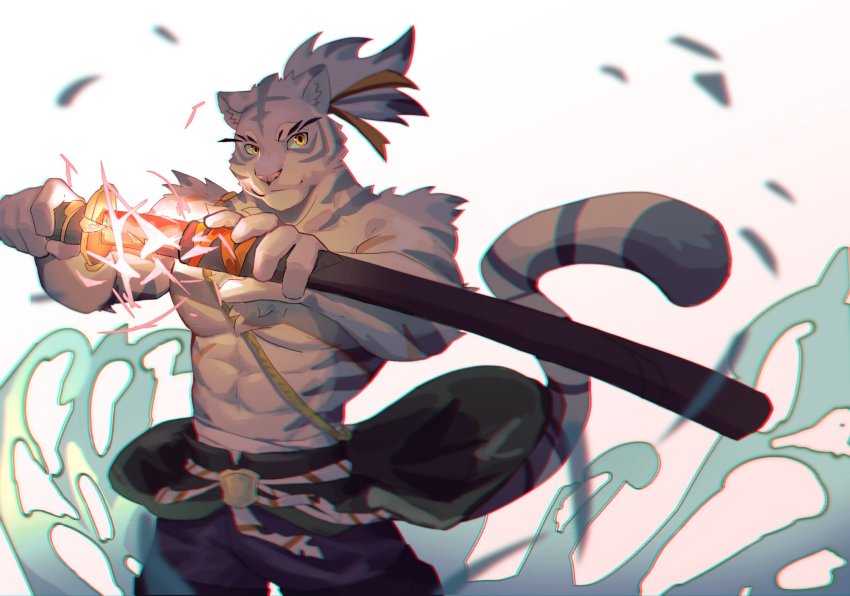 1boy :3 abs animal_ear_fluff animal_ears animal_nose arms_up aura belt bing_ya blue_pants body_fur brown_ribbon chromatic_aberration closed_mouth cowboy_shot furry furry_male glowing grey_fur grey_hair hair_ribbon happy highres holding holding_sword holding_weapon jpeg_artifacts katana looking_to_the_side male_focus muscular muscular_male navel nimbus_(world_flipper) pants pectorals ribbon sheath short_hair simple_background smile snout solo standing stomach striped_tail sword tail tiger_boy tiger_ears tiger_tail topknot topless_male unsheathing weapon white_background white_fur world_flipper yellow_eyes