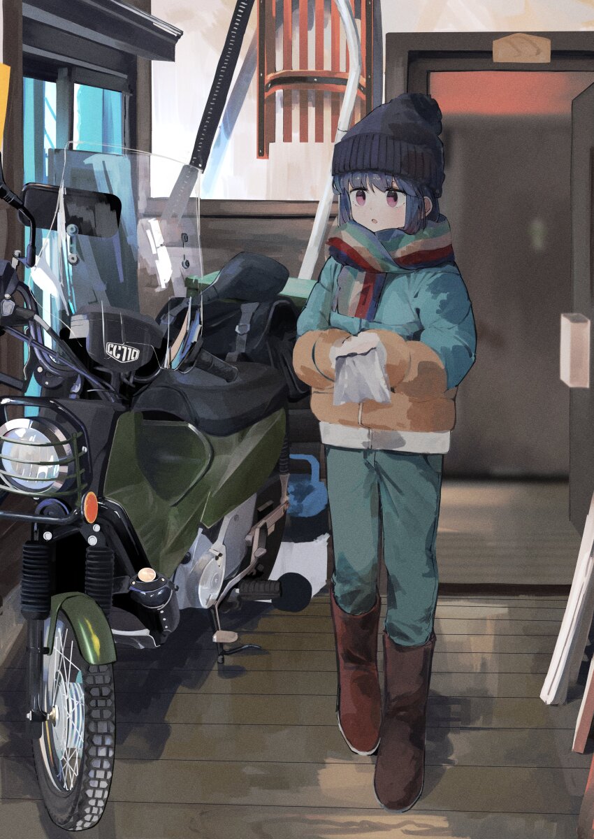 1girl absurdres aqua_pants beanie black_hat boots coat door doorway full_body hat highres holding_cloth indoors maegami_(daisuki_oekaki1) motor_vehicle motorcycle pants parted_lips purple_eyes scarf shima_rin solo standing striped_clothes striped_scarf winter_clothes winter_coat wooden_floor yurucamp