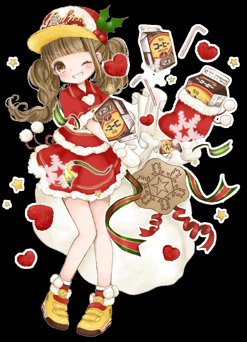 1girl ;d absurdres baseball_cap blunt_bangs christmas drinking_straw full_body fur_trim hat heart highres milk_carton mnmktn official_art one_eye_closed open_mouth pom_pom_(clothes) red_shirt red_skirt ribbon sack santa_costume shirt shoes short_sleeves skirt smile sneakers solo star_(symbol) sweet_jet_yukico-tan thighhighs transparent_background twintails yellow_eyes yukico-tan yukijirushi