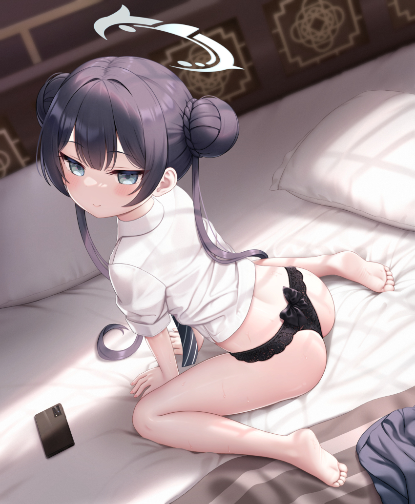 1girl ass bare_legs barefoot black_bow black_hair black_panties blue_archive blush bow bow_panties cellphone cementite closed_mouth commentary double_bun feet from_behind full_body grey_eyes grey_halo hair_bun halo highres indoors kisaki_(blue_archive) long_hair looking_at_viewer looking_back necktie no_pants on_bed panties phone pillow revision shirt short_sleeves sitting skirt smartphone smile soles solo striped_necktie sweat toes twintails underwear unworn_skirt very_long_hair wariza white_shirt