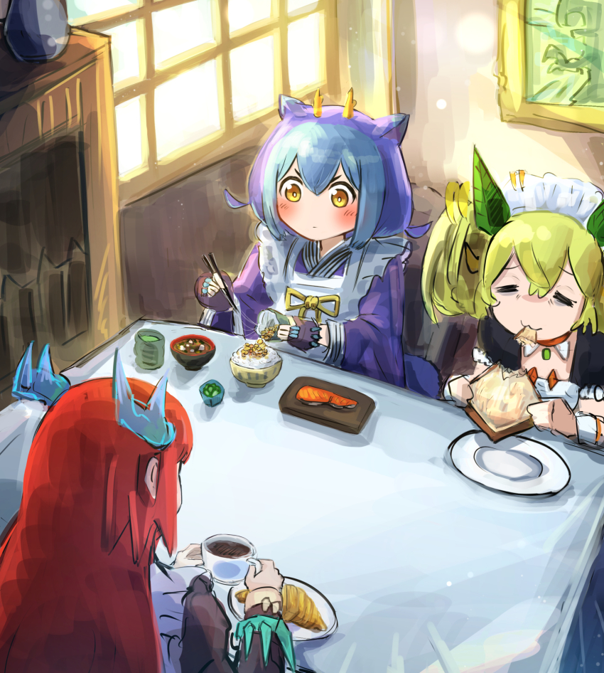 3girls apron back blue_hair blue_kimono bread bread_slice coffee croissant dragon_girl dragon_horns duel_monster eating fish food green_hair hatano_kiyoshi highres horns japanese_clothes kimono kitchen_dragonmaid laundry_dragonmaid long_hair maid maid_apron maid_headdress miso_soup multiple_girls parlor_dragonmaid red_hair solo_focus table tea toast twintails wa_maid yu-gi-oh!