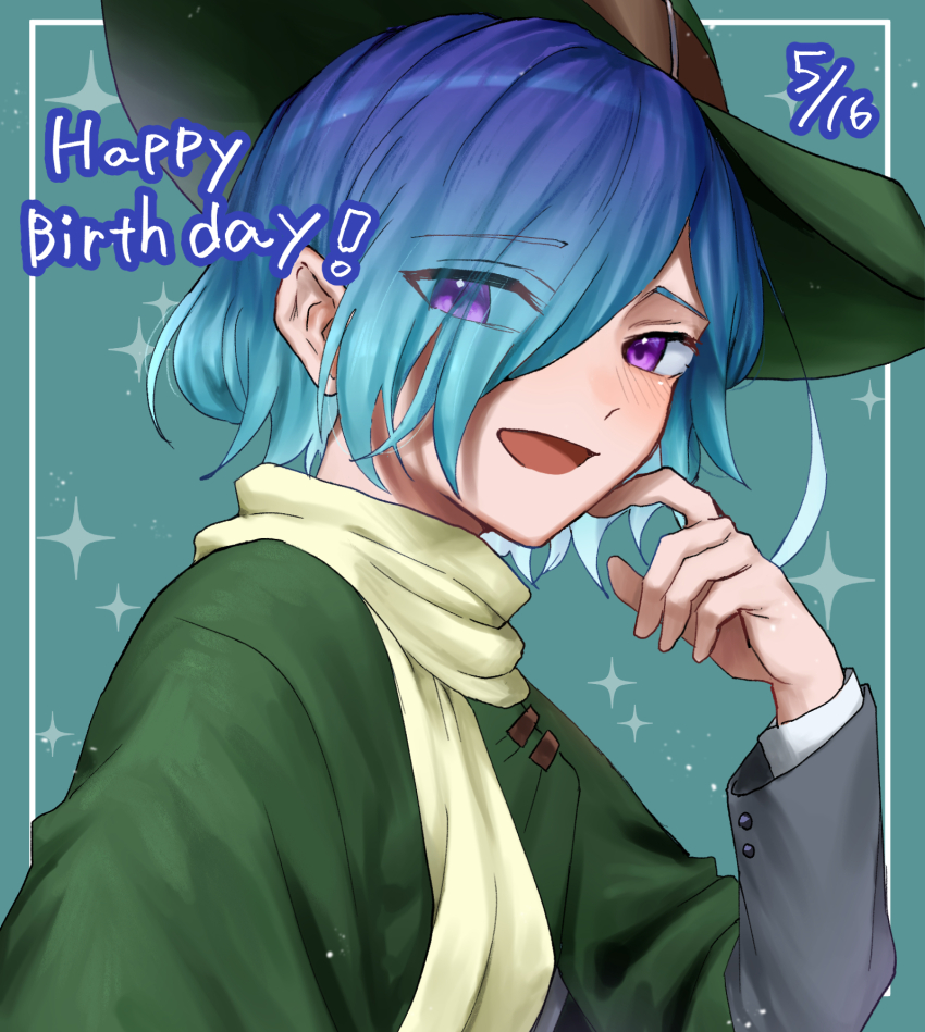 1girl :d blue_hair border commentary_request dated eyes_visible_through_hair hair_over_one_eye happy_birthday hat highres hiiro_(kiiro_ex) kimi_no_koto_ga_dai_dai_dai_dai_daisuki_na_100-nin_no_kanojo long_sleeves looking_at_viewer nakaji_uto open_mouth purple_eyes scarf short_hair simple_background smile solo sparkle upper_body white_scarf