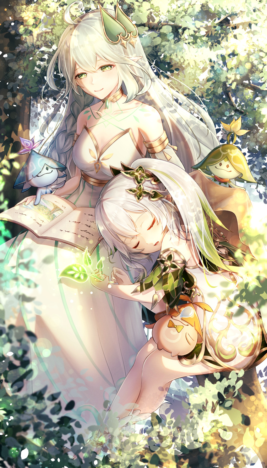 2girls absurdres aranara_(genshin_impact) bare_shoulders blanket book breasts closed_eyes commentary_request dappled_sunlight detached_sleeves dress genshin_impact gold_choker gold_trim gradient_hair green_eyes green_hair green_sleeves hair_ornament highres holding holding_blanket holding_book holding_leaf leaf leaf_hair_ornament long_hair looking_at_viewer multicolored_hair multiple_girls nahida_(genshin_impact) nature pointy_ears rukkhadevata_(genshin_impact) sitting sleeping sleeveless sleeveless_dress smile star-shaped_pupils star_(symbol) stirrup_legwear sunlight symbol-shaped_pupils toeless_legwear toes translucent_hair two-tone_hair white_dress white_hair white_sleeves yuno_kaihara