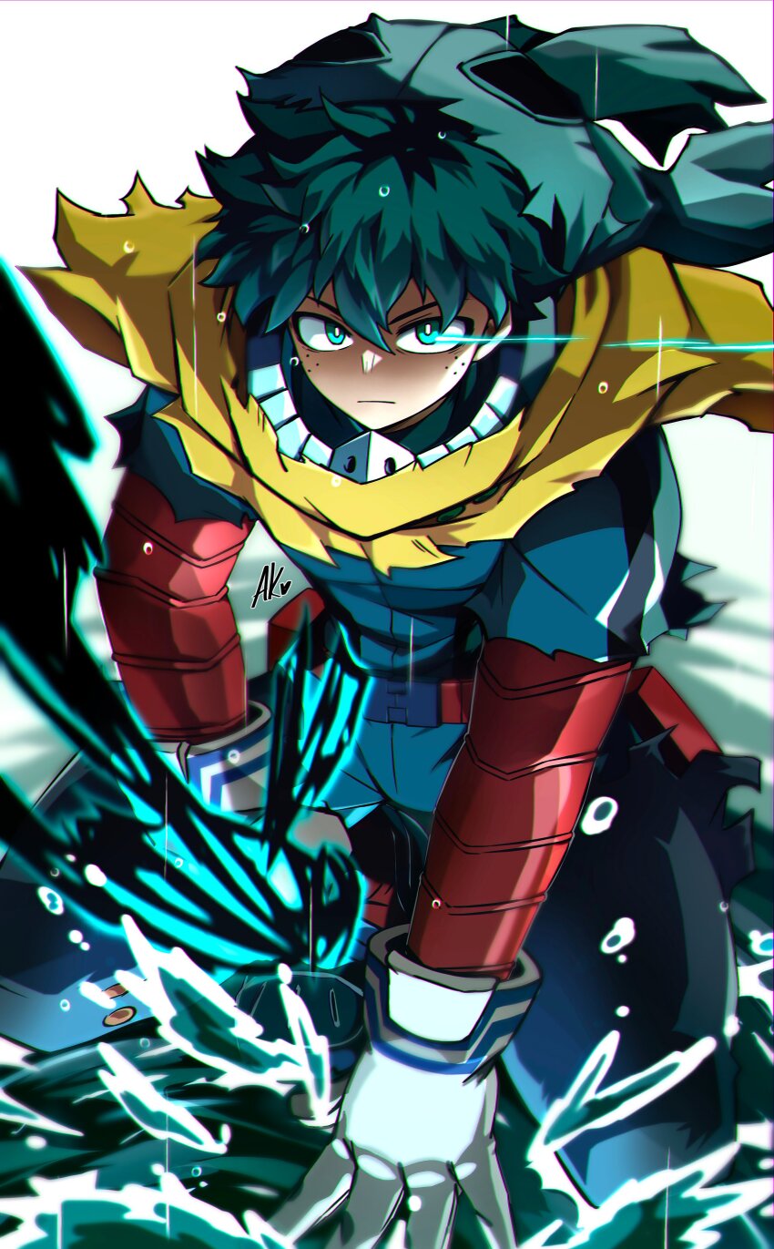 129akopricot 1boy absurdres aqua_eyes belt belt_pouch black_whip_(boku_no_hero_academia) blurry bodysuit boku_no_hero_academia bright_pupils buckle cape chromatic_aberration closed_mouth commentary depth_of_field eye_trail floating_cape freckles full_body gloves glowing glowing_eyes green_bodysuit green_hair hair_between_eyes hand_on_ground heavy_chromatic_aberration highres leaning_forward light_trail looking_at_viewer male_focus mask mask_on_head midoriya_izuku official_alternate_costume pouch red_belt serious shallow_water short_hair signature snap-fit_buckle solo splashing spoilers squatting tendril torn_cape torn_clothes torn_mask torn_sleeves utility_belt v-shaped_eyebrows wading water water_drop white_background white_gloves white_pupils yellow_cape