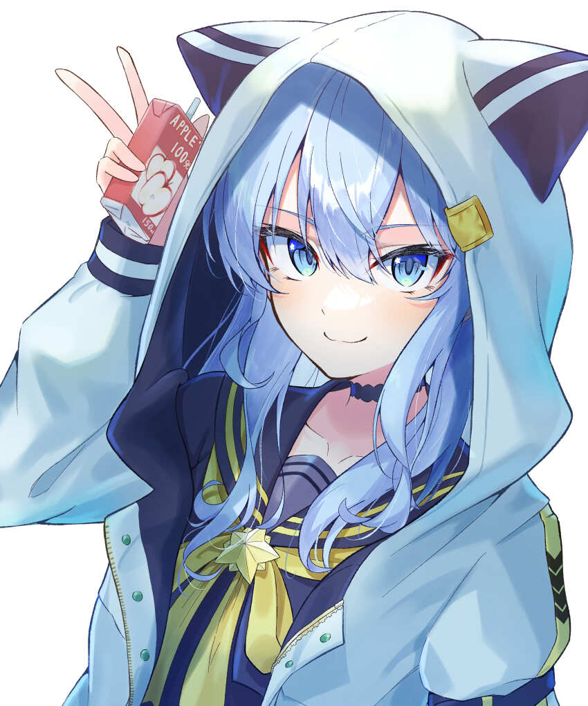 1girl absurdres animal_hood apple_juice black_choker black_sailor_collar black_shirt blue_eyes blue_hair blush bow bowtie brooch cat_hood choker closed_mouth commentary_request drink hair_between_eyes hand_up highres holding holding_drink hololive hood hood_up hooded_jacket hoshimachi_suisei hoshimachi_suisei_(school_uniform) jacket jewelry juice juice_carton kamkampan long_sleeves looking_at_viewer official_alternate_costume sailor_collar school_uniform shirt sidelocks simple_background smile solo star_(symbol) star_brooch star_in_eye symbol_in_eye upper_body v virtual_youtuber white_background white_jacket yellow_bow yellow_bowtie