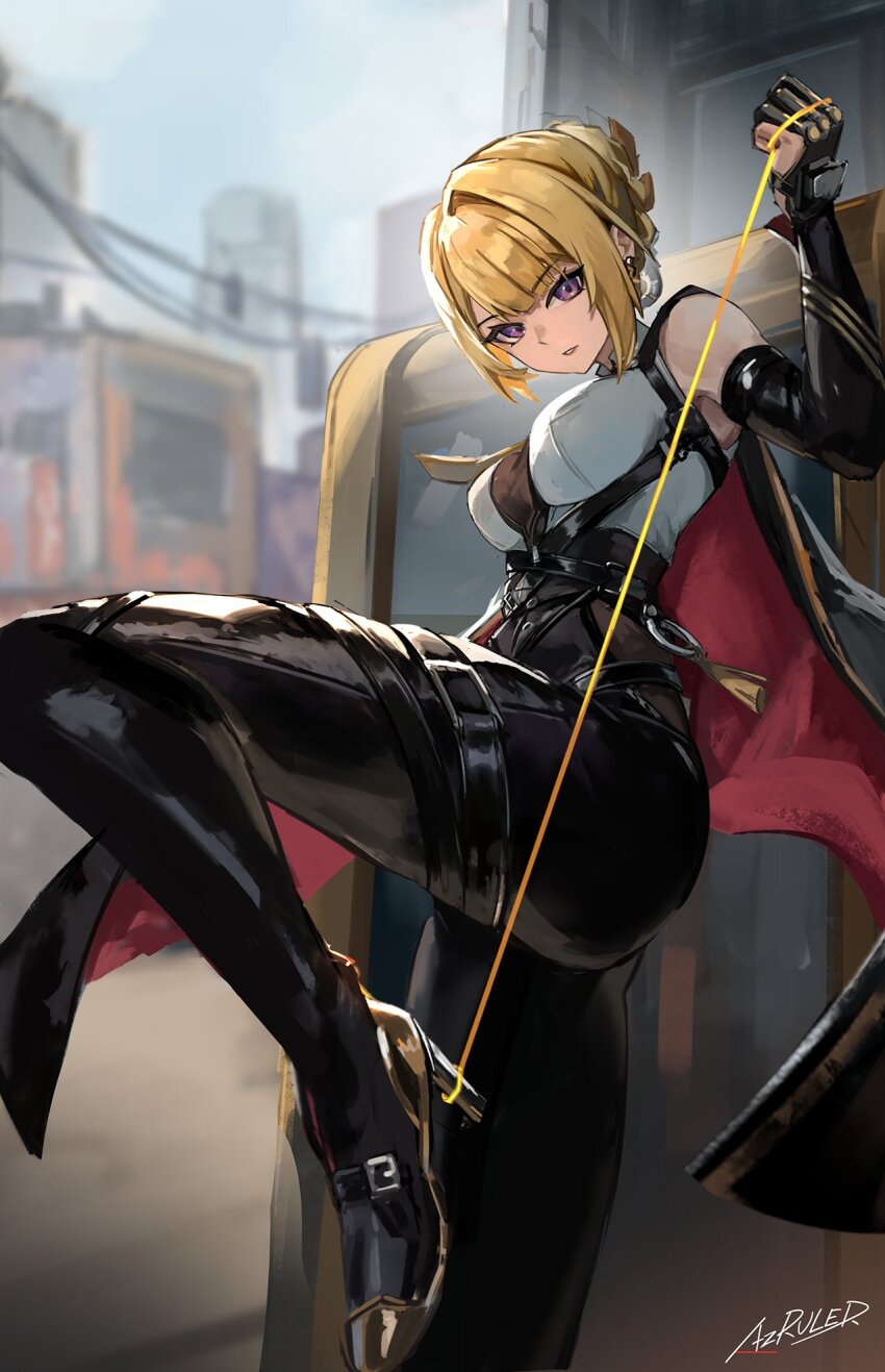 1girl az&#039;ruler black_gloves black_jacket black_pants blonde_hair breasts commentary earrings elbow_gloves evelyn_chevalier gloves high-waist_pants high_heels highres jacket jacket_on_shoulders jewelry large_breasts leg_up looking_at_viewer pants parted_lips purple_eyes shirt short_hair sidelocks signature solo tight_clothes tight_pants white_shirt zenless_zone_zero