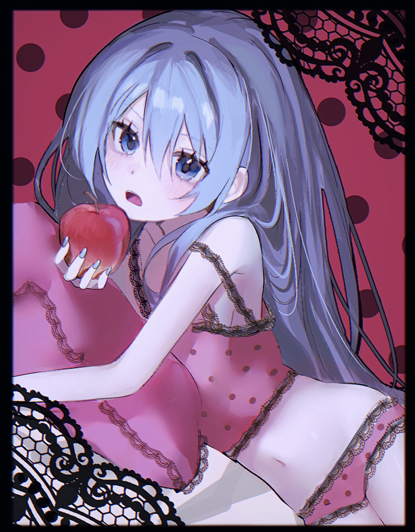 1girl apple aqua_eyes aqua_hair aqua_nails bare_shoulders camisole dutch_angle food fruit hair_down hatsune_miku highres hiiragi_xoxo holding holding_food holding_fruit imminent_bite lace lace-trimmed_camisole lace-trimmed_panties lace_trim long_hair lying midriff navel on_stomach open_mouth panties pink_camisole pink_pillow polka_dot polka_dot_background polka_dot_camisole romeo_to_cinderella_(vocaloid) solo strap_slip underwear very_long_hair vocaloid