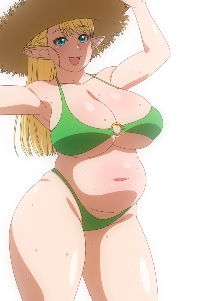 1girl 3rd_party_edit absurdres adjusting_clothes adjusting_headwear anime_screenshot armpits arms_up belly bikini blonde_hair blue_eyes breasts brown_hat cleavage collarbone cowboy_shot elf elf-san_wa_yaserarenai. elfuda_(elf-san_wa_yaserarenai.) fang female_focus green_bikini hat highleg highleg_bikini highres huge_breasts long_hair navel o-ring o-ring_bikini open_mouth plump pointy_ears shiny_skin solo stitched straw_hat sweat swimsuit thighs third-party_edit