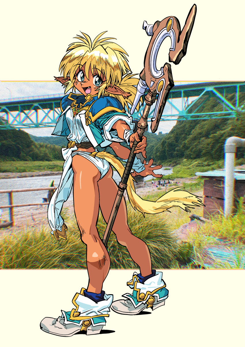 1990s_(style) 1girl absurdres animal_ears armor ass bare_legs blonde_hair blue_socks dark-skinned_female dark_skin fam_(ruin_explorers) fang from_behind full_body gold_trim green_eyes highres hikyou_tanken_fam_&amp;_ihrie holding holding_staff jewelry kawiochi loincloth long_hair long_pointy_ears looking_at_viewer looking_back open_mouth outside_border panties pauldrons pelvic_curtain photo_background pointy_ears retro_artstyle shoulder_armor smile socks solo staff tail tan thighs underwear weapon white_background white_footwear white_panties wristband yellow_tail