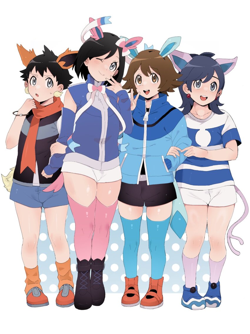 4boys :d ;) animal_ears black_hair bracelet brown_eyes brown_hair calem_(pokemon) closed_mouth commentary_request creatures_(company) earrings elio_(pokemon) game_freak grey_eyes hand_in_pocket hand_up highres hilbert_(pokemon) jewelry knees lucas_(pokemon) male_focus multiple_boys nintendo one_eye_closed open_mouth orange_footwear orange_socks pink_thighhighs pokemon pokemon_bw pokemon_dppt pokemon_sm pokemon_tail pokemon_xy sana_(37pisana) shirt shoes short_hair shorts smile socks standing striped_clothes striped_shirt tail teeth thighhighs tongue upper_teeth_only vest white_shorts