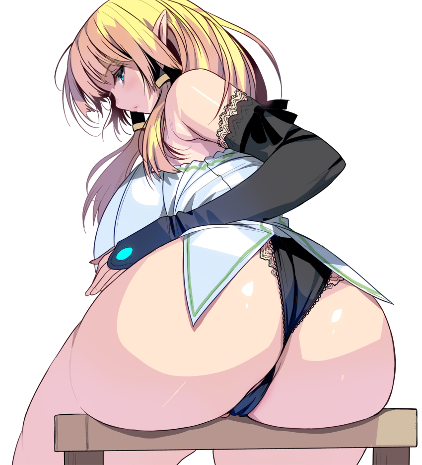 1girl ass ass_focus ass_support bare_shoulders black_panties blonde_hair blue_eyes blush breasts bridal_gauntlets elf from_behind highres huge_ass huge_breasts kono kouno_(masao) long_hair looking_at_viewer open_mouth original panties pointy_ears ponytail shiny_skin sideboob simple_background sitting solo thighs underwear white_background