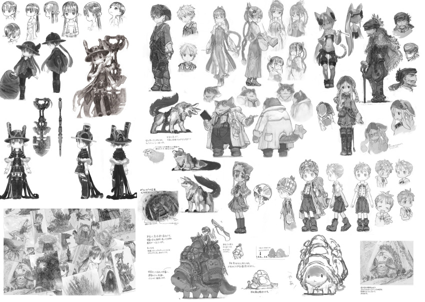 4boys 4girls absurdres animal_ears bare_shoulders breasts cleavage collarbone furry furry_female furry_male glasses goggles goggles_around_neck greyscale hat helmet highres long_hair looking_at_viewer made_in_abyss medium_breasts mio_(made_in_abyss) monochrome multiple_boys multiple_girls navel original parted_lips pointy_ears smile tagme tail tsukushi_akihito twintails whiskers