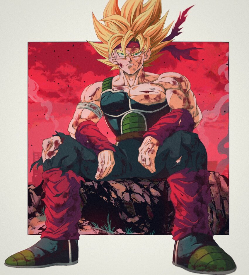 1boy bardock battle_damage blonde_hair blood border bure_(fantasticyouth7) dragon_ball dragonball_z full_body grey_border headband highres male_focus medium_hair muscular muscular_male red_headband saiyan_armor sitting solo spiked_hair super_saiyan super_saiyan_1