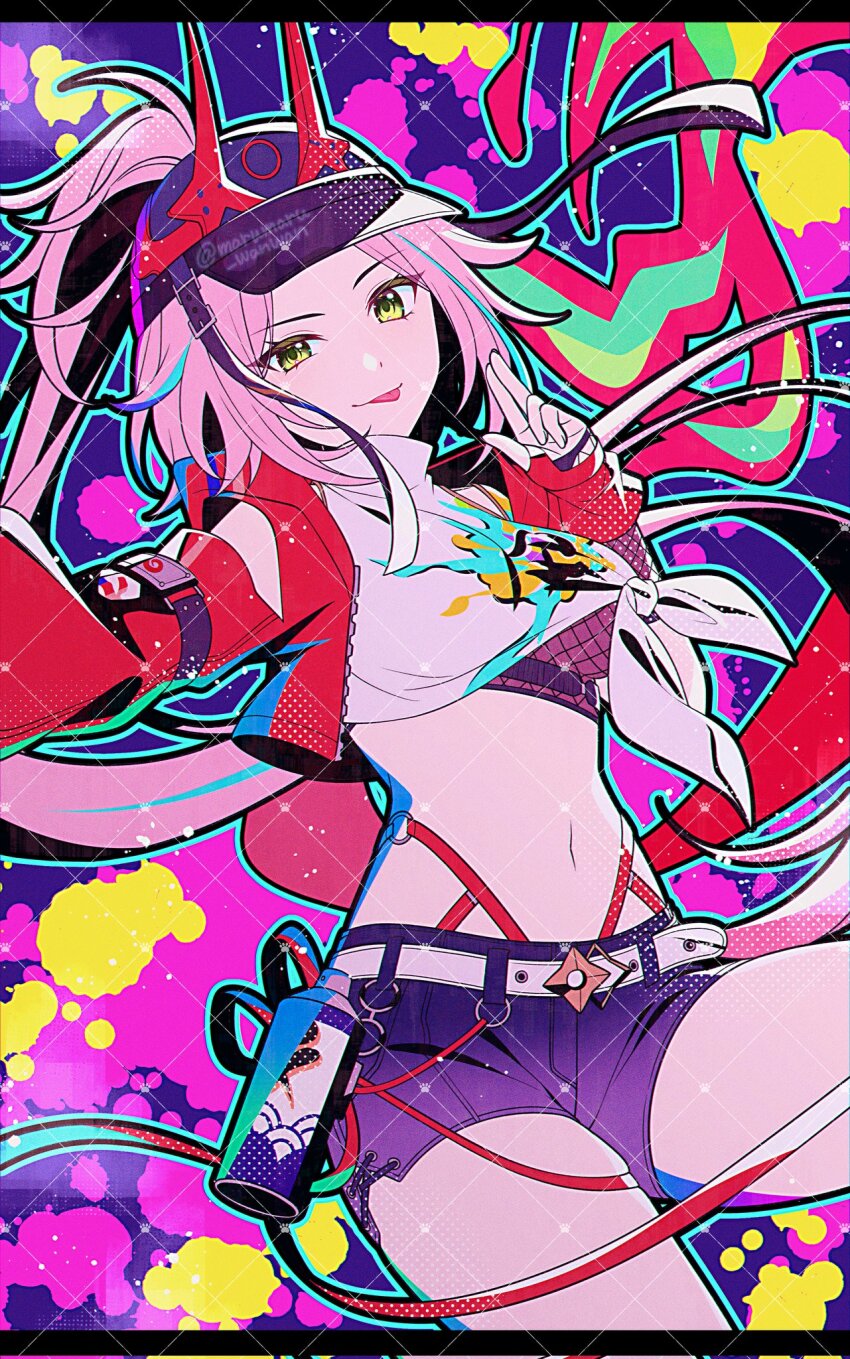 1girl asymmetrical_sleeves baseball_cap belt black_hat black_shorts breasts bridal_gauntlets crop_top fishnet_bridal_gauntlets fishnet_top fishnets gang_sign graffiti green_eyes hat hat_horns highres honkai:_star_rail honkai_(series) horned_hat jacket long_hair looking_at_viewer midriff navel pochimaru_(marumaru_wanwan) ponytail rappa_(honkai:_star_rail) red_arm_warmers red_jacket shirt shorts single_sleeve_past_wrist spray_can tied_shirt tongue tongue_out twitter_username uneven_sleeves very_long_hair white_belt white_shirt wrist_belt