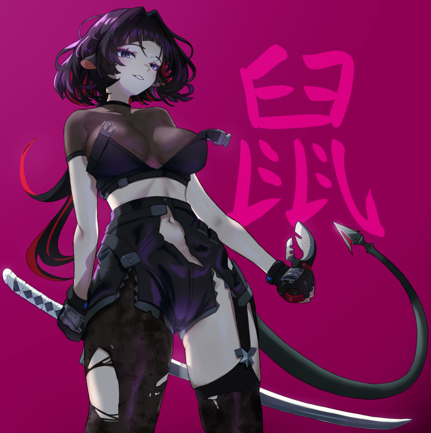 1girl absurdres animal_ears black_gloves black_hair black_pantyhose black_shorts black_thighhighs breasts chaciooh cleavage cowboy_shot crop_top gloves highleg_shorts highres holding holding_sword holding_weapon jane_doe_(zenless_zone_zero) large_breasts long_hair midriff mouse_ears mouse_girl mouse_tail multicolored_hair navel pantyhose parted_lips purple_background red_hair see-through see-through_cleavage shorts single_leg_pantyhose single_thighhigh solo sword tail thighhighs thighs torn_clothes torn_pantyhose torn_shorts torn_thighhighs translation_request two-tone_hair weapon zenless_zone_zero