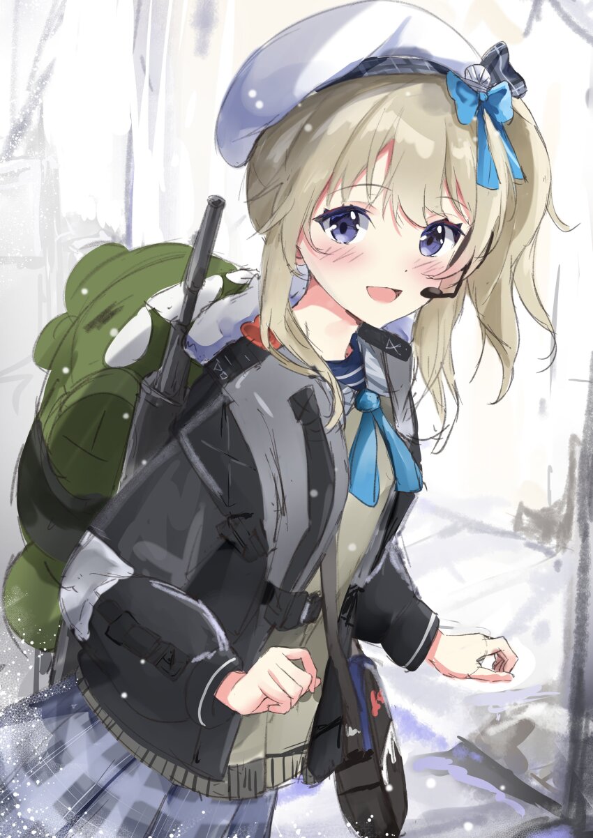 1girl absurdres aizawa_(aizawatsu) animal_bag backpack bag beret blonde_hair blue_eyes blue_ribbon blush girls&#039;_frontline girls&#039;_frontline_2:_exilium gun hair_ribbon hat highres jacket open_clothes open_jacket open_mouth plaid_clothes plaid_skirt ribbon semi-automatic_shotgun shotgun side_ponytail skirt smile solo stuffed_dinosaur vepley_(girls&#039;_frontline_2) vepr-12 weapon white_hat