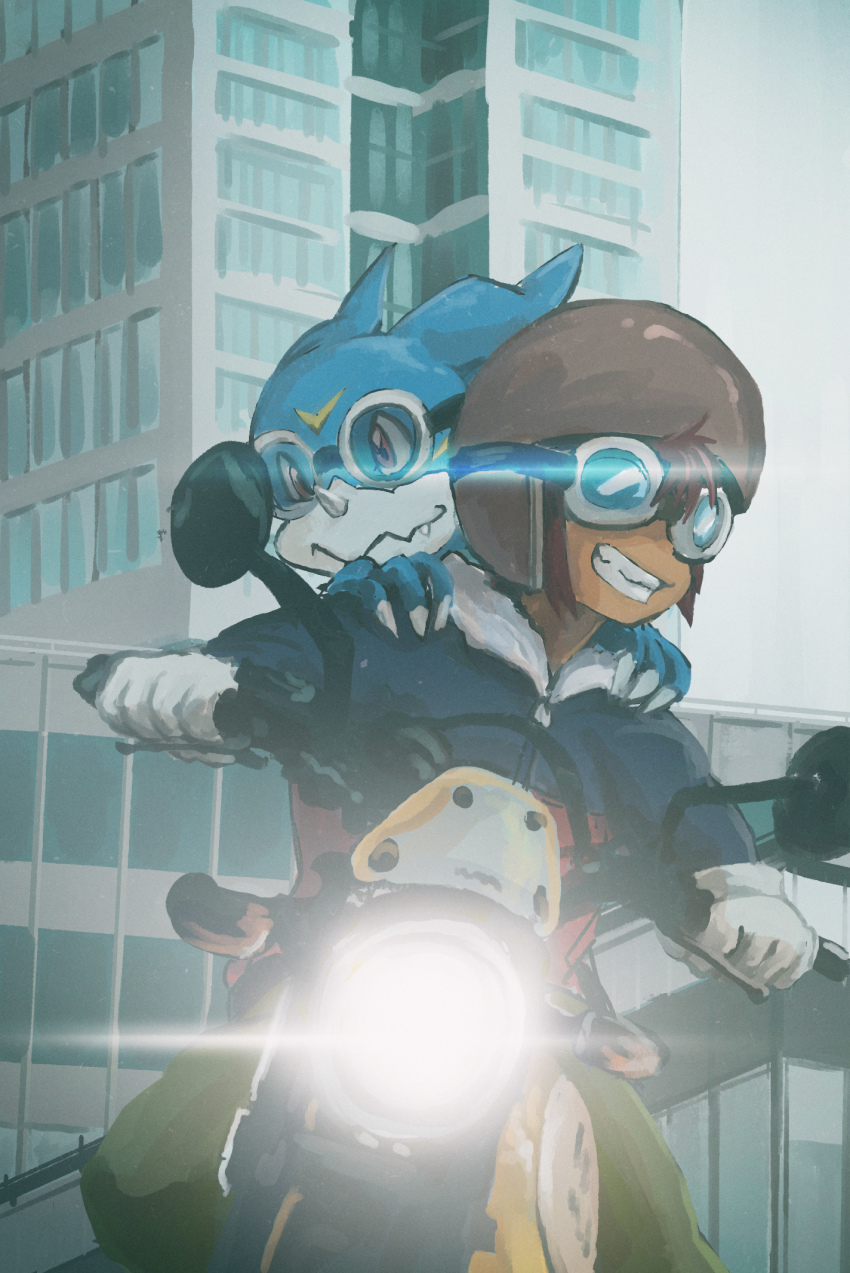 1boy brown_hair building clenched_hand digimon digimon_(creature) digimon_adventure_02 fang feet_out_of_frame fur-trimmed_jacket fur_trim gloves goggles green_pants helmet highres jacket kubota_keita light male_focus motomiya_daisuke motor_vehicle motorcycle pants riding sitting v-mon wavy_mouth white_gloves