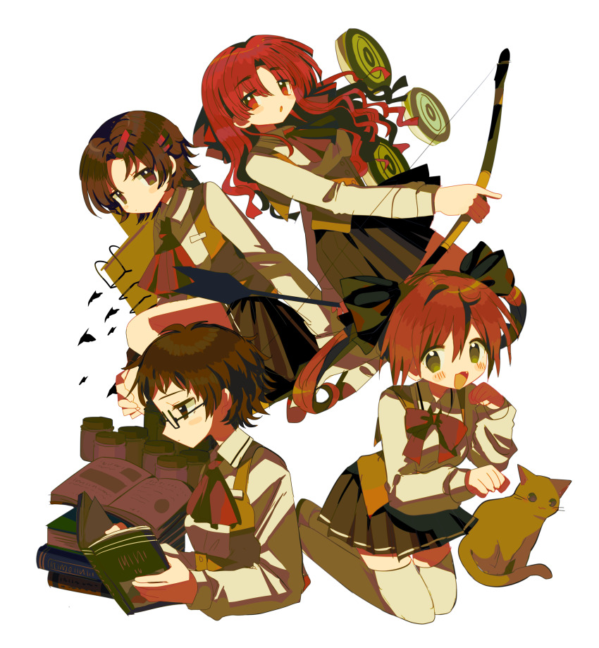 4girls absurdres arrow_(projectile) black_bow black_skirt book book_stack bow bow_(weapon) bowtie breasts brown_eyes brown_hair cat closed_mouth collared_shirt drop_shadow expressionless from_side glasses green_eyes hair_bow highres holding holding_book holding_bow_(weapon) holding_weapon kneeling long_hair long_sleeves looking_at_object looking_at_viewer medium_breasts medium_hair meguro_miyuki multiple_girls open_book open_mouth orange_hair orange_vest parted_bangs parted_lips pleated_skirt red_bow red_bowtie red_eyes red_hair sayonara_wo_oshiete school_uniform shirt shoes short_bangs short_hair simple_background sitting skirt small_breasts smile takada_nozomi tamachi_mahiru thighhighs twintails ueno_koyori usagi_nui uwabaki very_short_hair vest wavy_hair weapon white_background white_shirt white_thighhighs