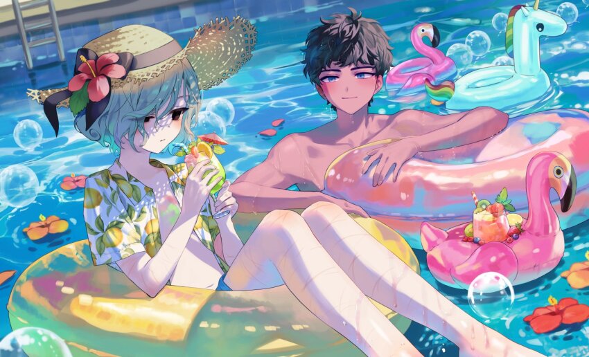 2boys afloat androgynous bags_under_eyes black_eyes black_hair blue_eyes blush bubble curly_hair dark-skinned_male dark_skin day drink dungeon_meshi elf flamingo_raft flower grey_hair hat hat_flower holding holding_drink inflatable_toy inflatable_unicorn innertube kabru lazy_eye looking_at_another male_focus mayomayoland mithrun multiple_boys multiple_scars notched_ear open_clothes open_shirt outdoors pointy_ears pool scar short_hair smile straw_hat summer swim_ring topless_male trap uneven_eyes water