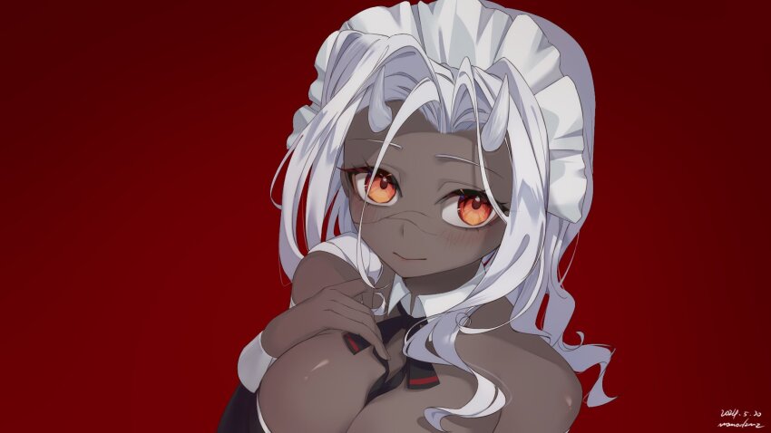 1girl alternate_costume artist_name bare_shoulders between_breasts black_ribbon blush breasts calamitas calamity_(terraria_mod) cleavage closed_mouth colored_skin commentary cracked_skin dark-skinned_female dark_skin dated demon_horns detached_collar detached_sleeves english_commentary grey_skin hand_on_own_chest hand_up highres horns large_breasts long_hair looking_at_viewer maid maid_headdress momodzmz neck_ribbon red_background red_eyes ribbon solo terraria upper_body wavy_hair white_hair white_horns