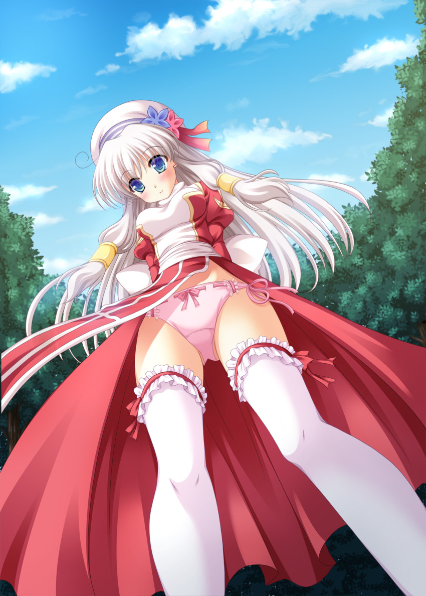 1girl arms_behind_back blue_eyes blue_flower blush bow bow_panties breasts closed_mouth cloud commentary_request day dress feet_out_of_frame flower frilled_thighhighs frills from_below furukawa_lemon gluteal_fold hat hat_flower high_priest_(ragnarok_online) highres juliet_sleeves long_hair long_sleeves looking_at_viewer looking_down medium_breasts panties panty_straps pelvic_curtain photoshop_(medium) pink_flower pink_panties puffy_sleeves ragnarok_online red_dress sash side-tie_panties sky smile solo thighhighs tree two-tone_dress underwear white_dress white_hair white_hat white_sash white_thighhighs wind wind_lift