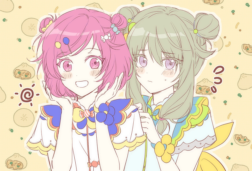 2girls alternate_hairstyle blush bow closed_mouth commentary_request dot_nose double_bun flying_sweatdrops food green_hair grin hair_bun hair_ornament hairclip hands_up highres jewelry kusanagi_nene long_hair looking_at_viewer multiple_girls ootori_emu pang225 pink_eyes pink_hair project_sekai purple_eyes shirt short_hair short_sleeves sidelocks smile swept_bangs upper_body white_shirt yellow_background