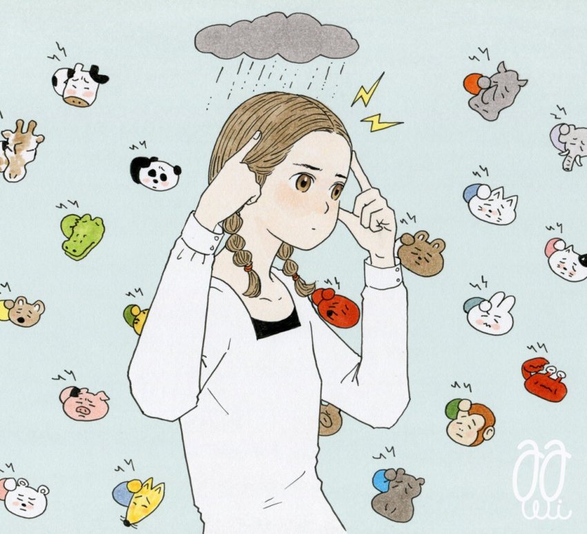 1girl awai880 blush_stickers braid brown_eyes brown_hair rabbit cat cow crab crocodile crocodilian elephant giraffe hands_up hippopotamus index_finger_raised long_sleeves medium_hair monkey original panda pig rain rhinoceros shirt signature solo storm_cloud twin_braids upper_body white_shirt