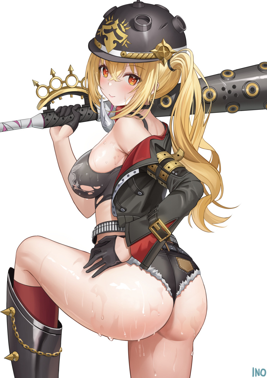 1girl ass bare_shoulders baseball_bat belt black_choker black_gloves black_jacket black_shirt black_shorts blonde_hair boots breasts choker closed_mouth combat_helmet crop_top cutoffs gloves half_gloves hand_on_own_hip hand_up helmet highres holding holding_baseball_bat iino_(isnyong) jacket kneehighs leg_up long_hair long_sleeves looking_at_viewer looking_back loose_belt luciana_de_montefio medium_breasts micro_shorts midriff off_shoulder open_clothes open_jacket over_shoulder pickelhaube red_eyes red_socks shirt shorts side_ponytail sleeveless sleeveless_shirt smile socks solo sweat thighs torn_clothes torn_shirt weapon weapon_over_shoulder zenless_zone_zero