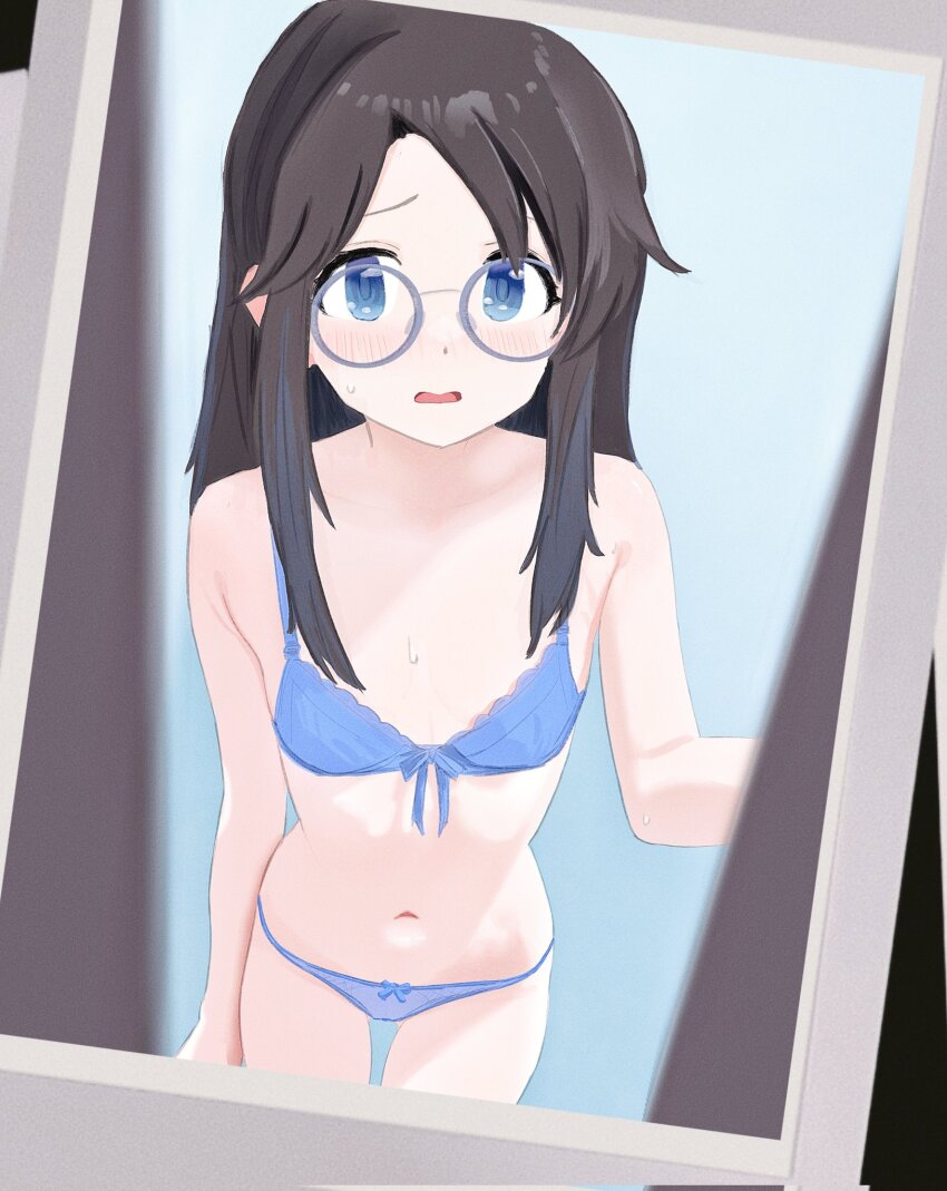 1girl alternate_hairstyle asymmetrical_bangs black_hair blue_bra blue_eyes blue_panties blush bow bow_bra bow_panties bra cobwvmeti dot_nose embarrassed glasses hair_down highres idolmaster idolmaster_shiny_colors long_hair mitsumine_yuika nude open_mouth panties round_eyewear solo sweatdrop underwear underwear_only