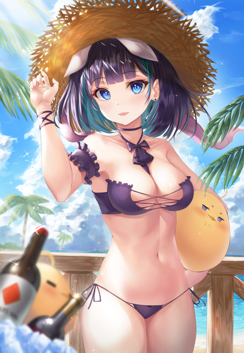 1girl absurdres arm_up armpits azur_lane bikini black_hair blue_eyes blurry bottle bow bowtie breasts cheshire_(azur_lane) cheshire_(summery_date!)_(azur_lane) choker cleavage cloud collarbone cowboy_shot day depth_of_field earrings hat highres jewelry looking_at_viewer manjuu_(azur_lane) medium_breasts multicolored_hair navel open_mouth outdoors purple_bikini short_hair side-tie_bikini_bottom sky smile solo standing stomach straw_hat string_bikini sunlight swimsuit thighs two-tone_hair wakum