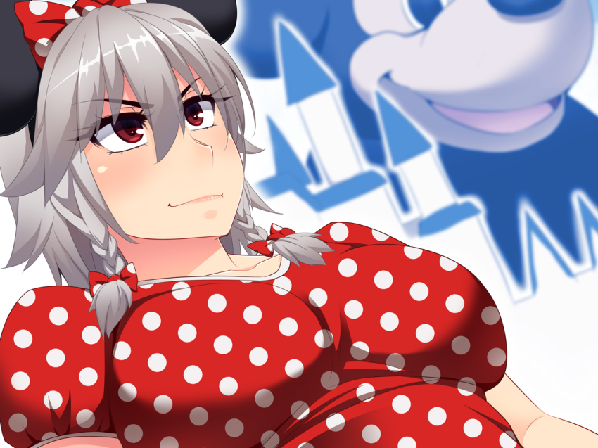 1girl animal_ears bow braid breasts cosplay disney disneyland dress dutch_angle eyes_visible_through_hair fake_animal_ears female_focus hair_between_eyes hair_bow hayashi_custom izayoi_sakuya medium_breasts mickey_mouse minnie_mouse minnie_mouse_(cosplay) mouse_ears polka_dot polka_dot_bow polka_dot_dress red_dress red_eyes short_sleeves silver_hair solo touhou twin_braids