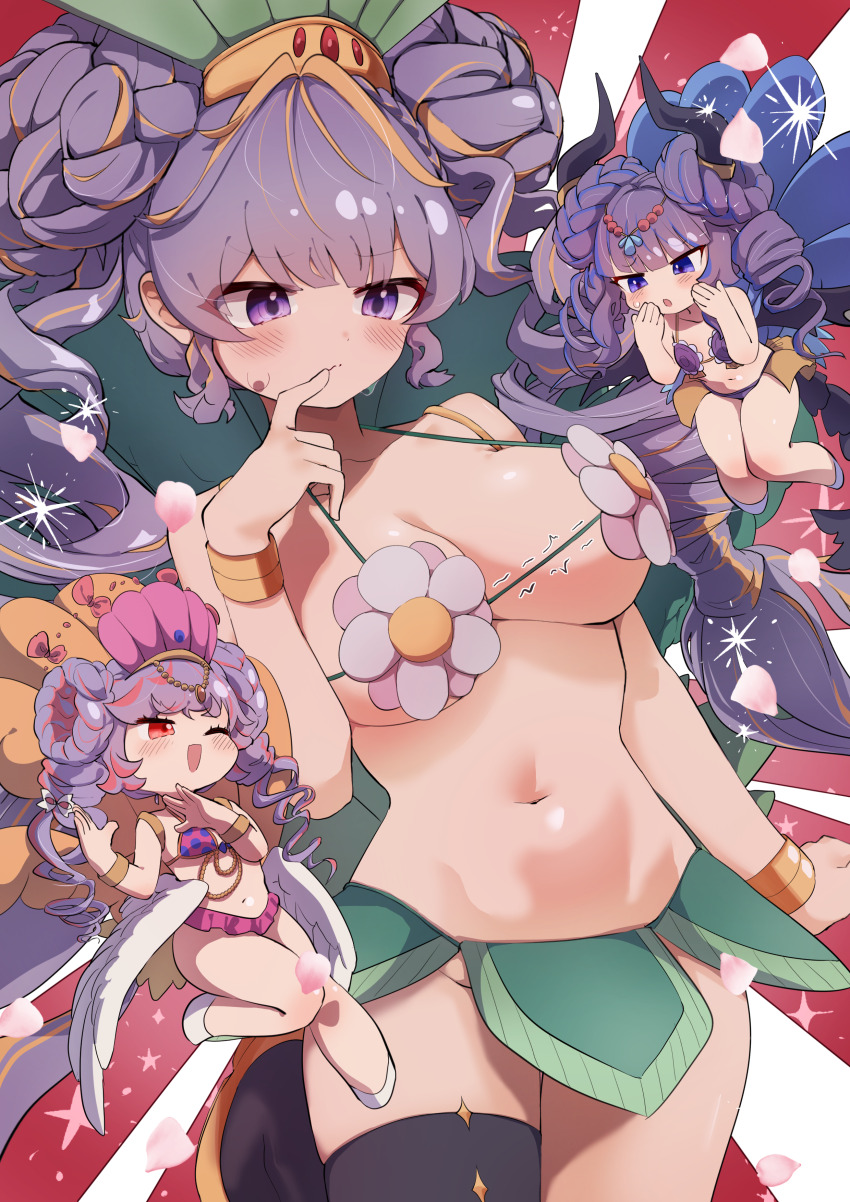 3girls absurdres angel angel_and_devil angel_wings angello_vaalmonica bikini blonde_hair blue_eyes blue_hair breasts c_civciv demon_girl demon_horns dimonno_vaalmonica double_bun doughnut_hair_bun drill_hair duel_monster feathered_wings flower_bikini hair_bun highres horns large_breasts mini_person multicolored_hair multiple_girls navel nipples pink_bikini purple_bikini purple_eyes purple_hair red_eyes red_hair selettrice_vaalmonica streaked_hair swimsuit twin_drills twintails white_wings wings yu-gi-oh!