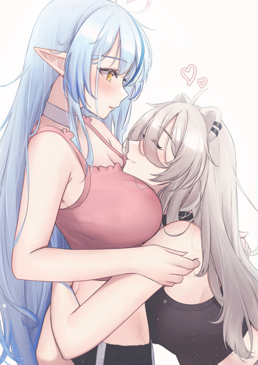 2girls ahoge alternate_costume animal_ear_fluff animal_ear_piercing animal_ears arm_around_waist bare_arms black_tank_top blue_hair blush breasts camisole choker cleavage closed_eyes closed_mouth commentary crop_top from_side grey_hair hair_over_one_eye head_on_chest heart heart_ahoge highres hololive hug large_breasts lion_ears lion_girl long_hair looking_at_another messy_hair mofu07519 multicolored_hair multiple_girls open_mouth pink_camisole pointy_ears shishiro_botan sidelocks simple_background smile streaked_hair tank_top very_long_hair virtual_youtuber white_background white_choker yellow_eyes yukihana_lamy yuri