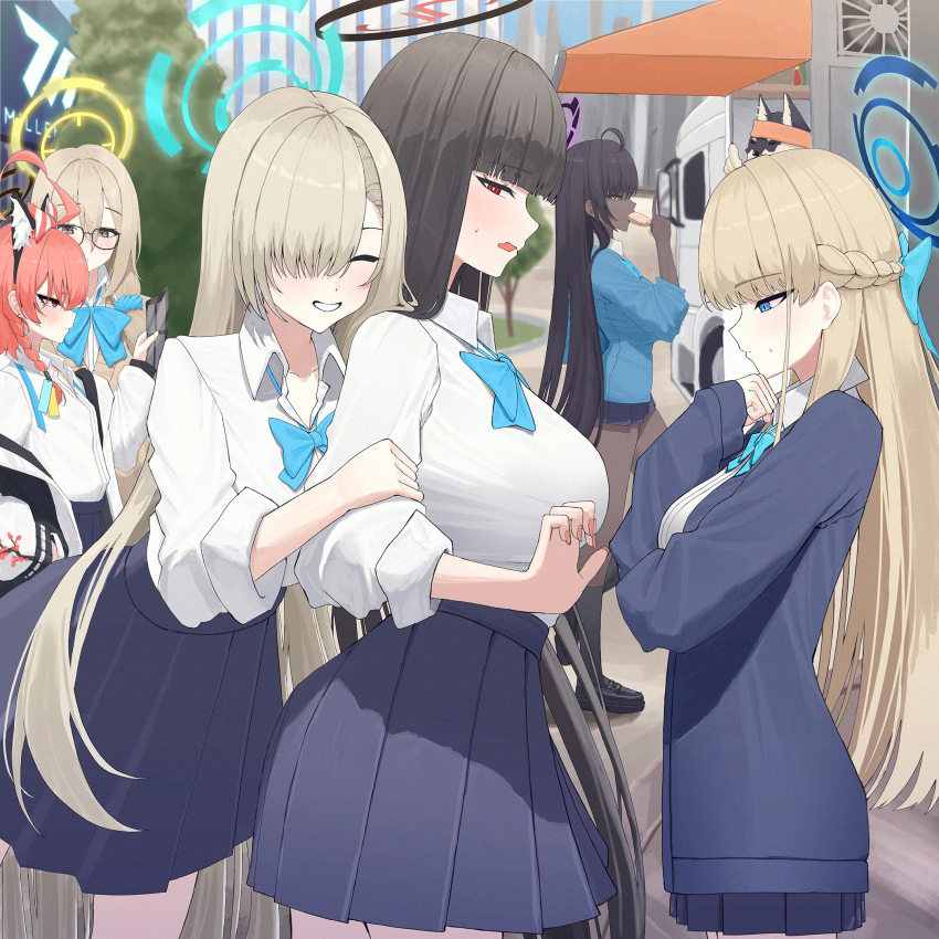 6+girls ^_^ ahoge akane_(blue_archive) animal_ears asuna_(blue_archive) black_hair black_socks blonde_hair blue_archive blue_eyes blunt_bangs blush braid breasts cardigan cat_ears closed_eyes dark-skinned_female dark_skin eating glasses grin hair_over_one_eye halo hand_in_pocket highres jacket karin_(blue_archive) kneehighs large_breasts loafers long_hair maji_(majidesu3) medium_breasts multiple_girls nail_polish neru_(blue_archive) outdoors pink_hair pleated_skirt red_eyes rio_(blue_archive) school_uniform shiba_inu shoes skirt small_breasts smile socks sweatdrop toki_(blue_archive)