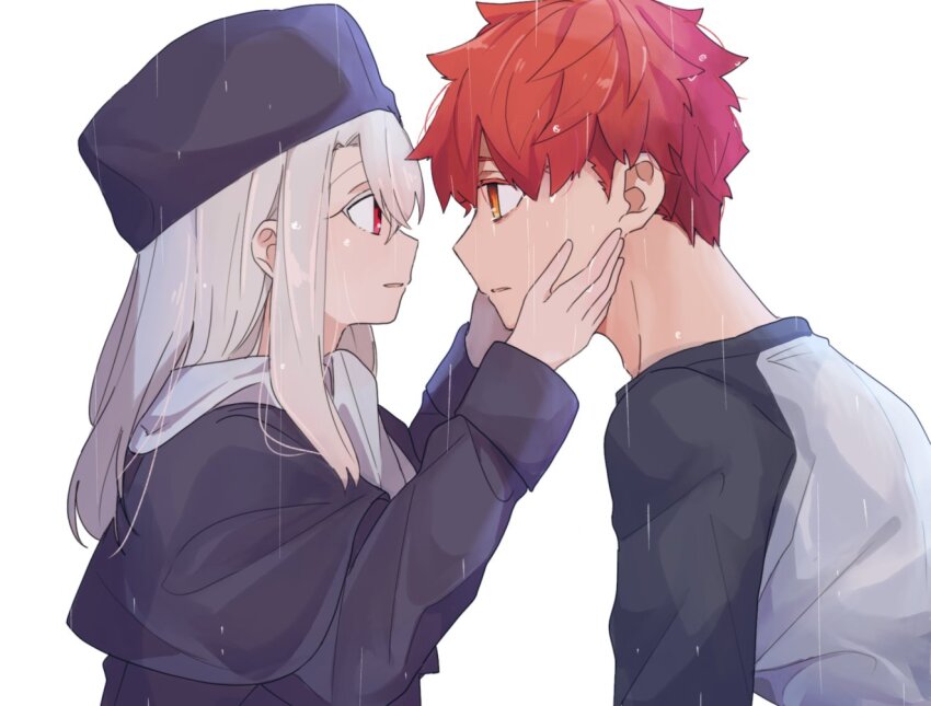 1boy 1girl brother_and_sister crying crying_with_eyes_open emiya_shirou fate/stay_night fate_(series) hat illyasviel_von_einzbern kamo_0707 orange_eyes purple_hat purple_shirt rain red_eyes red_hair scarf shirt short_hair siblings simple_background tears white_background white_hair white_scarf