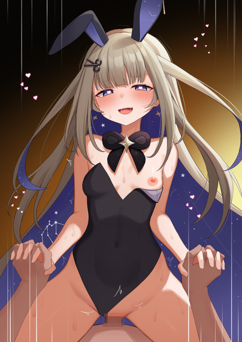 1boy 1girl absurdly_long_hair absurdres amanogawa_shiina animal_ears black_bow black_bowtie black_leotard blonde_hair blue_eyes bow bowtie breasts censored clothed_sex clothing_aside colored_inner_hair commission covered_navel cowgirl_position earrings emoto_shikeko girl_on_top happy_sex heart heart-shaped_pupils hetero highleg highleg_leotard highres holding_hands interlocked_fingers jewelry leotard leotard_aside leotard_pull long_hair looking_at_viewer mosaic_censoring motion_lines multicolored_hair nipples open_mouth penis phase_connect pixiv_commission playboy_bunny pov purple_hair pussy rabbit_ears saliva scissors_hair_ornament sex small_breasts smile solo_focus star_(symbol) star_earrings starry_hair straddling strapless strapless_leotard sweat symbol-shaped_pupils vaginal very_long_hair virtual_youtuber