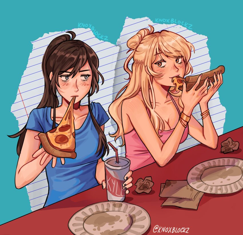 2girls absurdres bare_shoulders black_hair blonde_hair blue_eyes blue_shirt bracelet breasts class_of_09 cleavage cup disposable_cup eating food hair_bun highres holding holding_cup holding_food holding_pizza jecka_(class_of_09) jewelry knoxblockz multiple_girls nicole_(class_of_09) pink_shirt pizza ponytail shirt simple_background sleeveless tan twitter_username watermark yellow_eyes