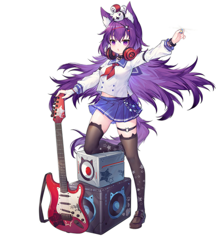 1girl :o animal_ear_fluff animal_ears ao_jun azur_lane black_thighhighs dress guitar hair_ornament headphones headphones_around_neck highres instrument long_hair looking_at_viewer necktie official_alternate_costume official_art purple_eyes purple_hair red_neckwear sailor_dress school_uniform skirt speaker tail thigh_strap thighhighs transparent_background urakaze_(azur_lane) urakaze_(sengoku_shredder!)_(azur_lane)